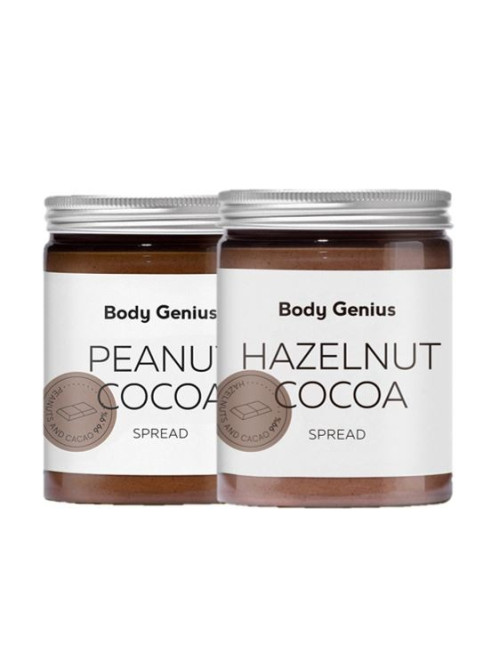 Duo de pâte a tartiner noisette et cacao et beurre de cacahuète et de cacao de Body Genius